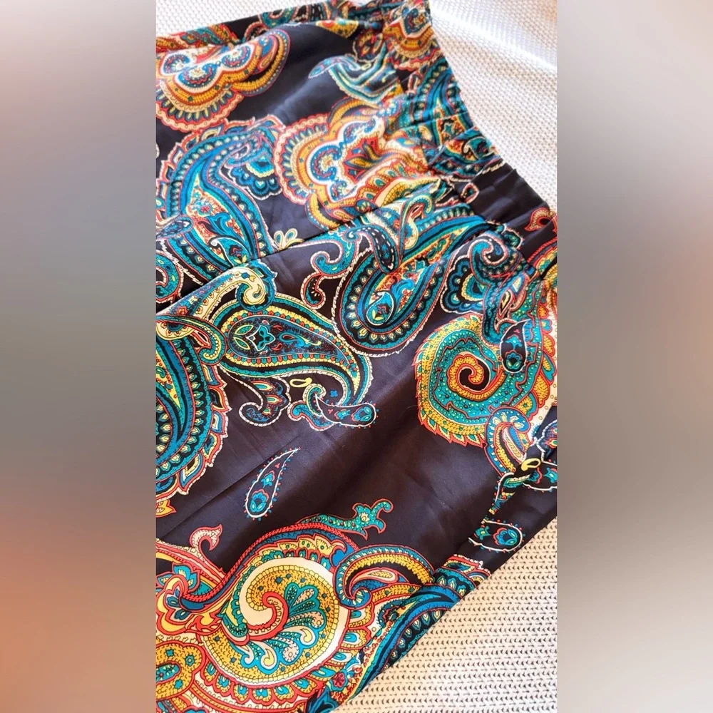 J. CREW 100% Silk Pull-On Pants Black Gold Blue Red Paisley w Pockets